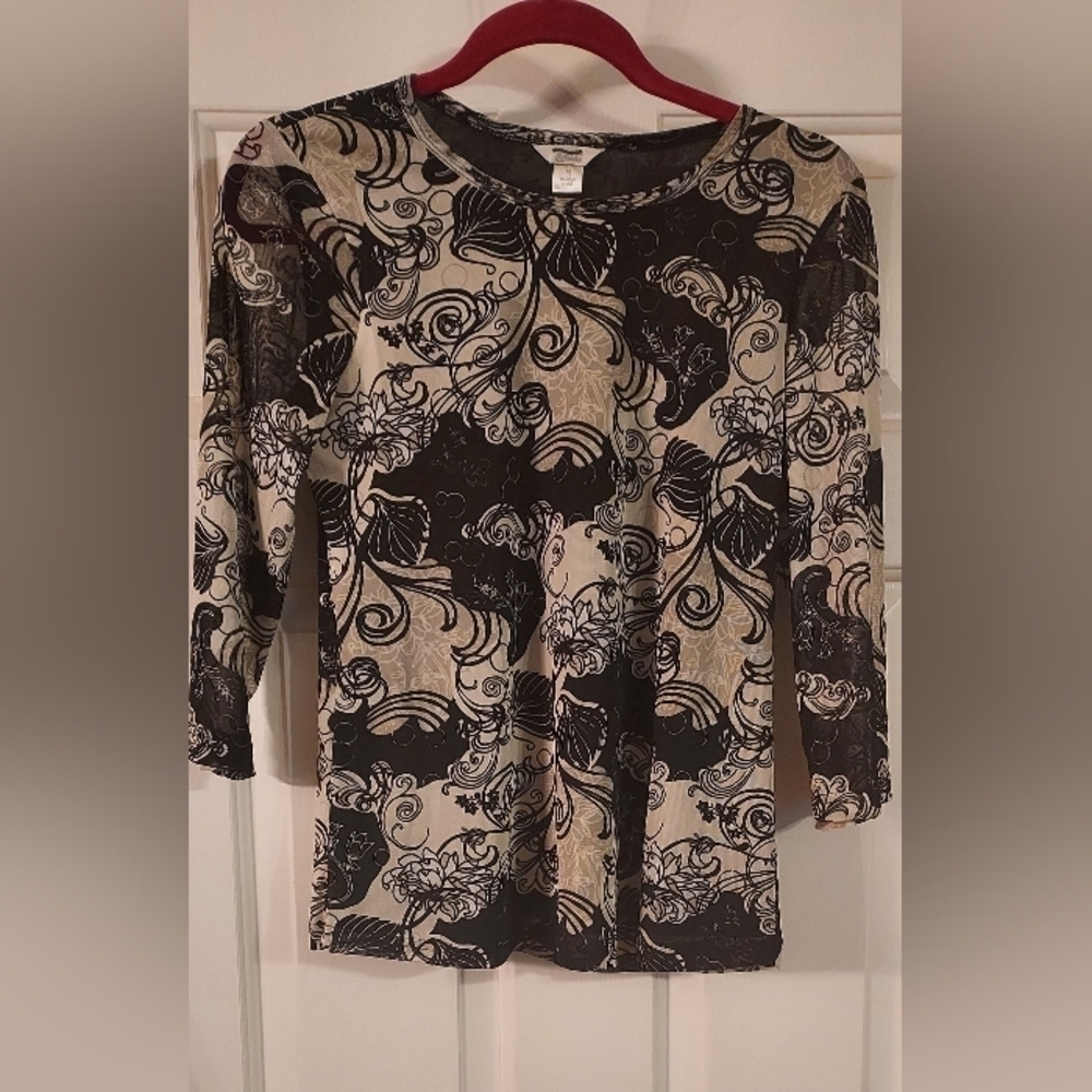 CHRISTOPHER And Banks Women's Long Sleeve Black And Ivory Mesh Blouse Top Size M